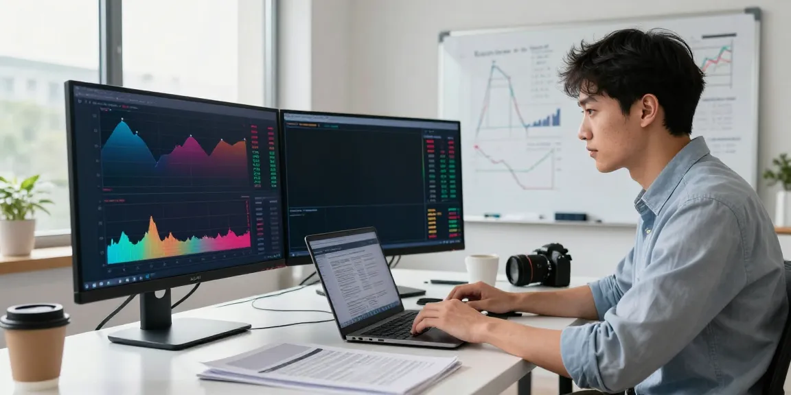 Focused analyst using FintechZoom.com for market insights in a modern home office.