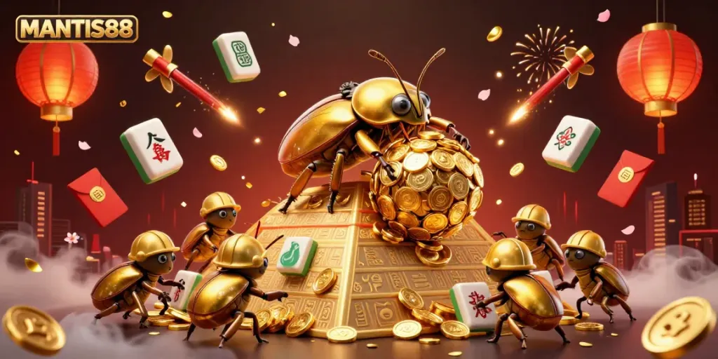 Experience thrilling gameplay with MANTIS88, illustrated by a golden beetle amidst vibrant casino symbols and coins.