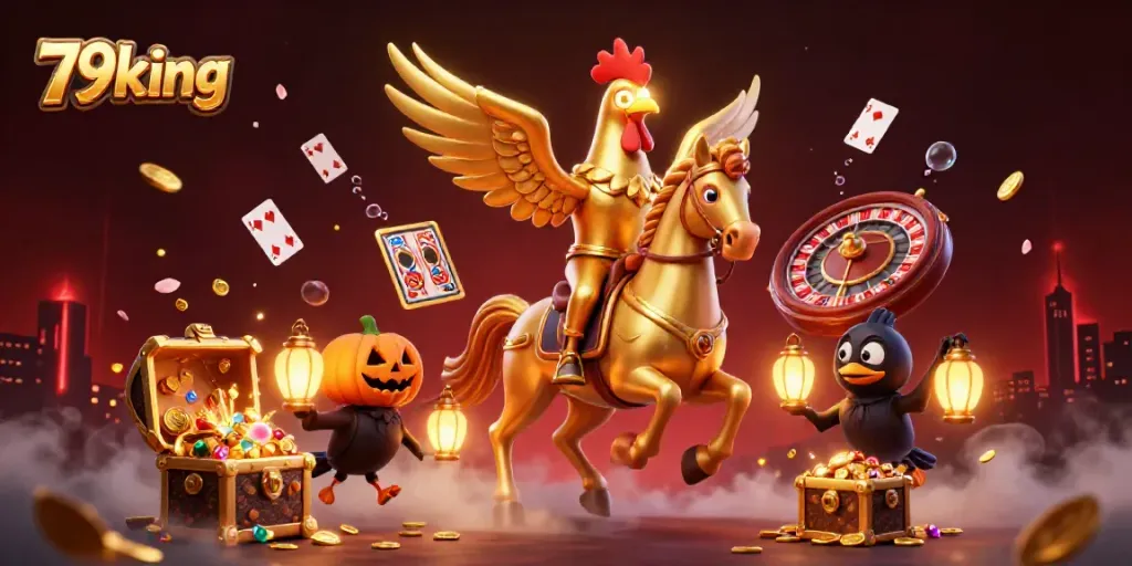 Experience the thrilling 79king casino adventure with a golden rooster riding a spectral horse.
