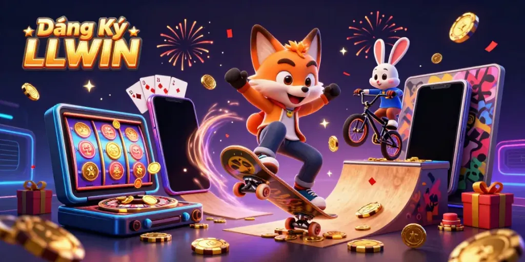 Engage with Đăng Ký LLWIN while a skateboarder fox performs tricks over a ramp of poker chips.