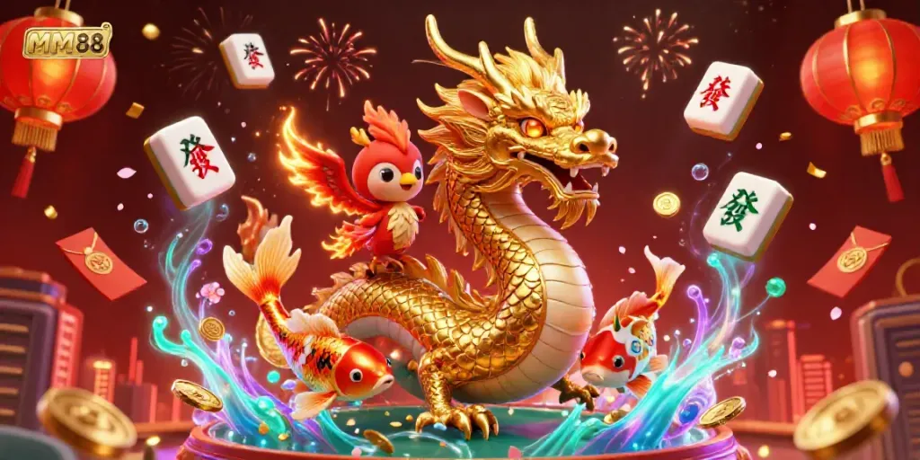 Experience the excitement of MM88 with a vibrant casino scene featuring a golden dragon, red phoenix, and koi fish.