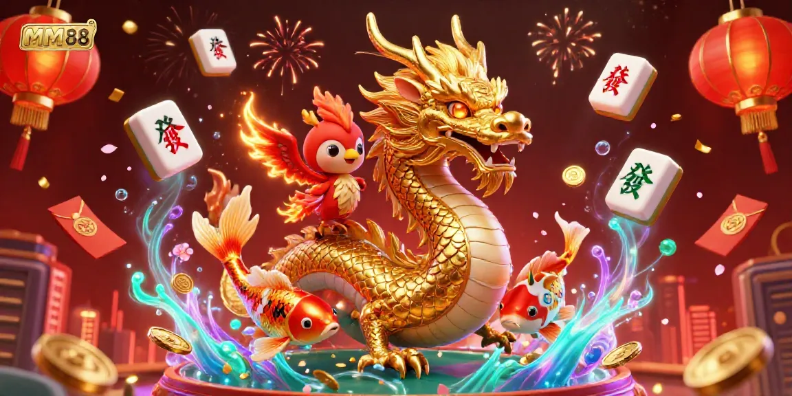 Experience the excitement of MM88 with a vibrant casino scene featuring a golden dragon, red phoenix, and koi fish.