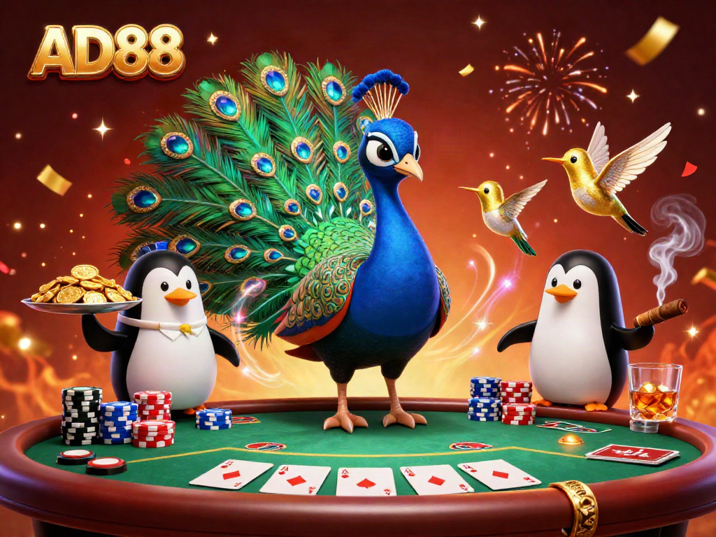 Experience the dynamic gaming atmosphere of AD88 with vibrant characters and poker elements.