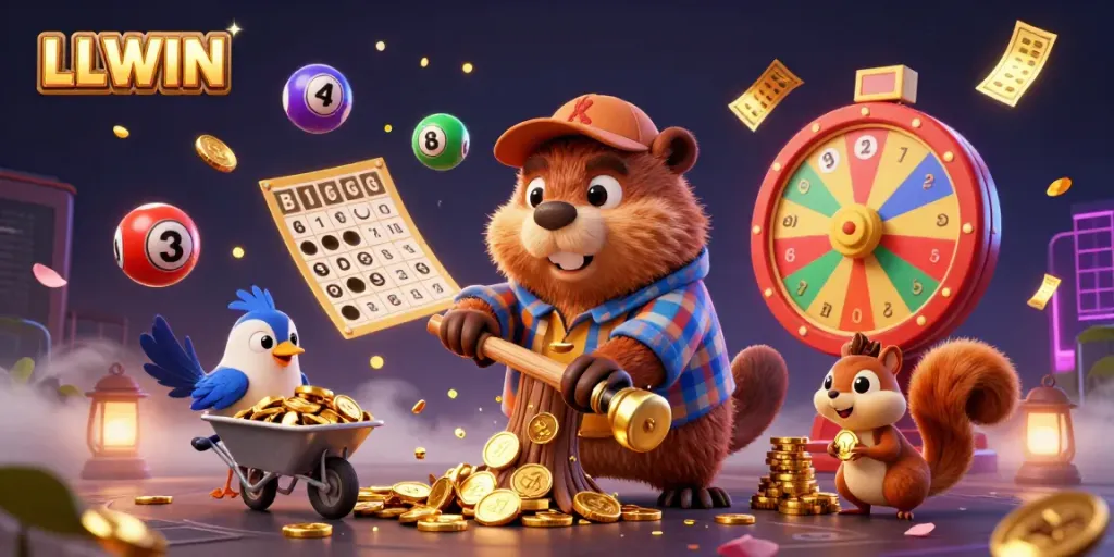 Engage with LLWIN's vibrant jackpot scene featuring a cartoon beaver, bird, and squirrel amidst golden coin rains.