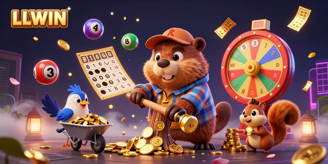 Engage with LLWIN's vibrant jackpot scene featuring a cartoon beaver, bird, and squirrel amidst golden coin rains.