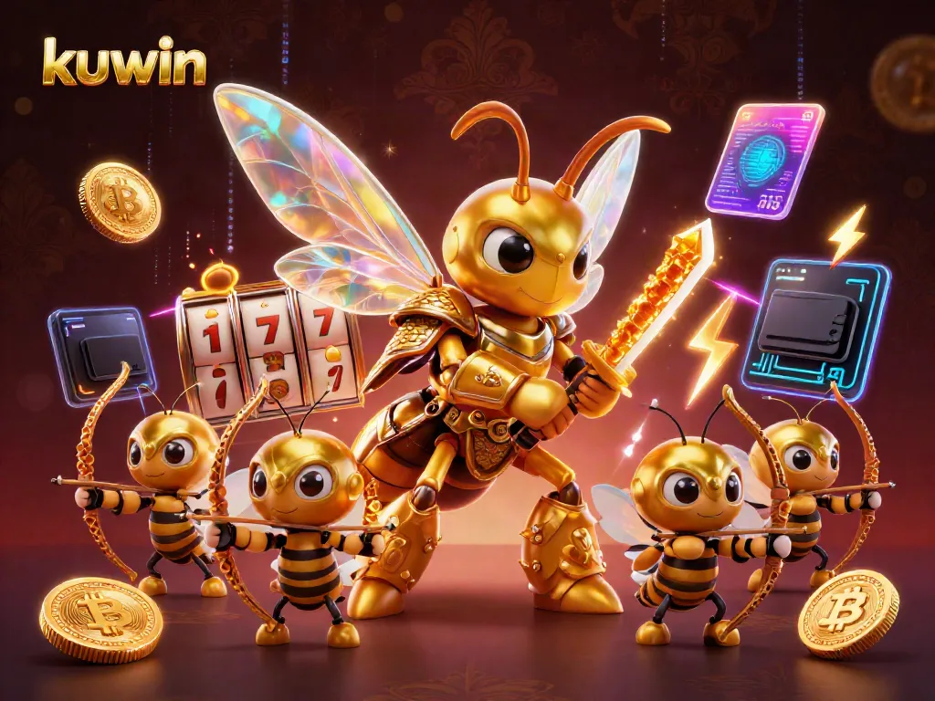 Kuwin casino jackpot scene with a giant golden hornet, samurai bee archers, and crypto coins