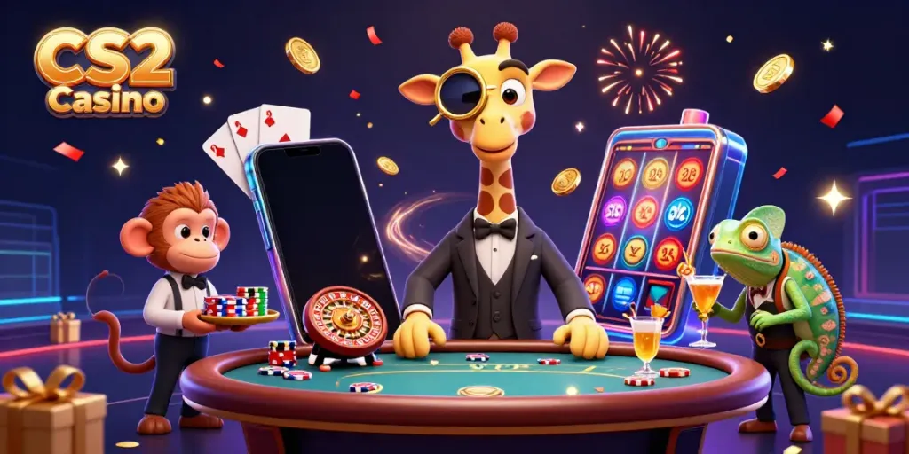 Gambler giraffe and friends celebrate at the vibrant CS2 Casino.