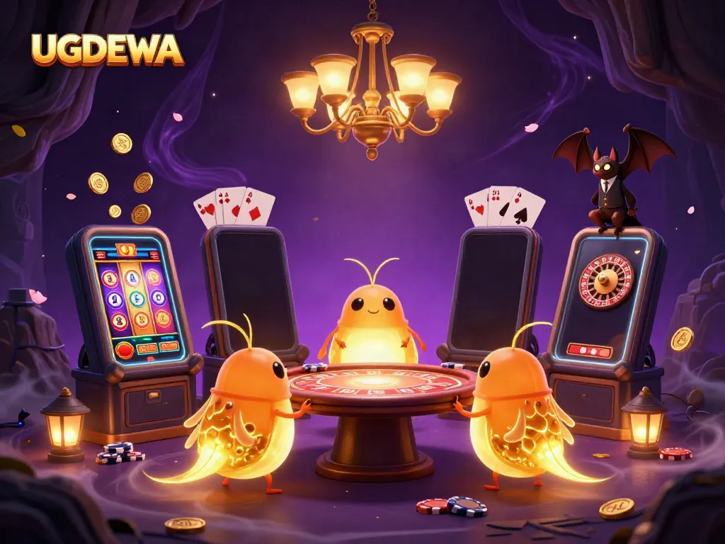 Experience the excitement with UGDEWA’s vibrant casino atmosphere featuring glowworms lighting up the game scene.