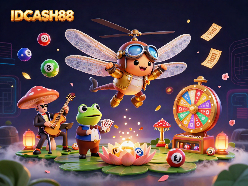 Engage in thrilling card games at IDCASH88 with colorful elements and characters in a vibrant casino scene.