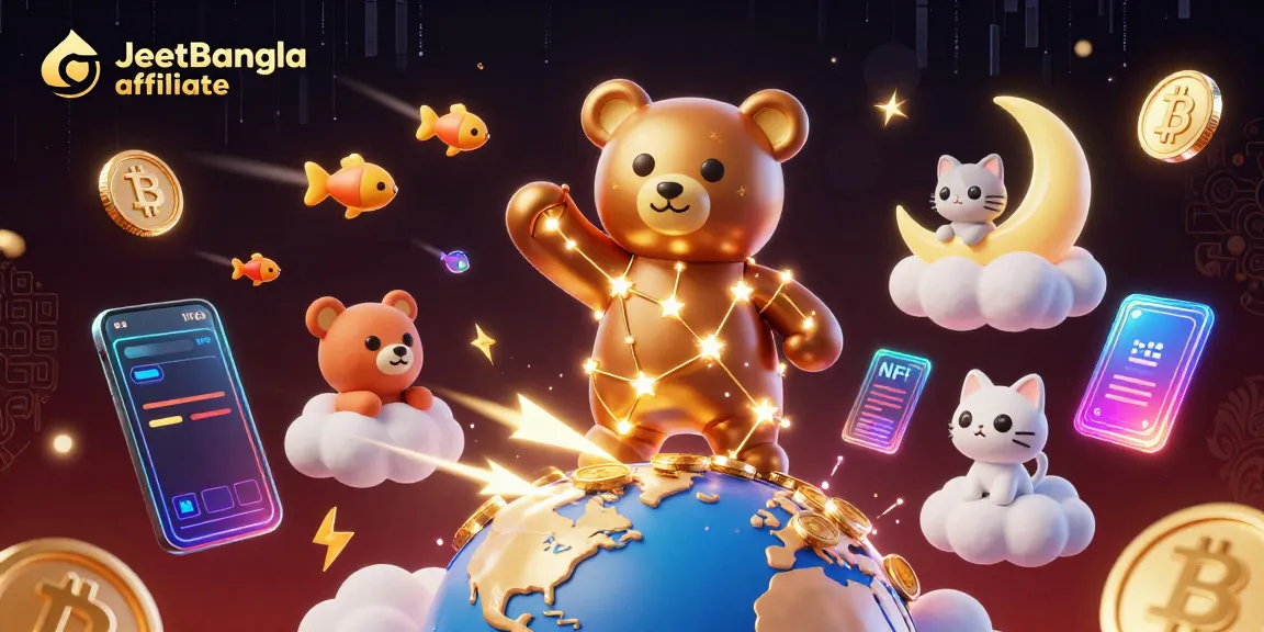 Explore the JeetBangla affiliate scene with a constellation bear and colorful game elements.