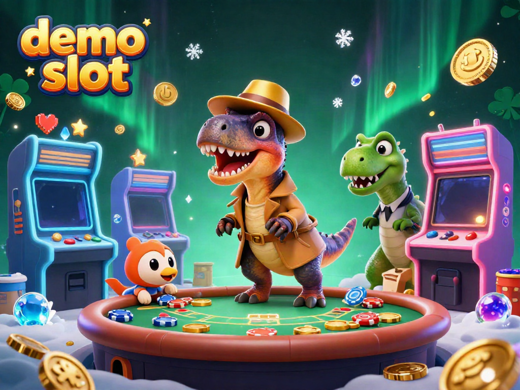 Engage in demo slot gameplay with colorful 3D characters in a vibrant casino scene.