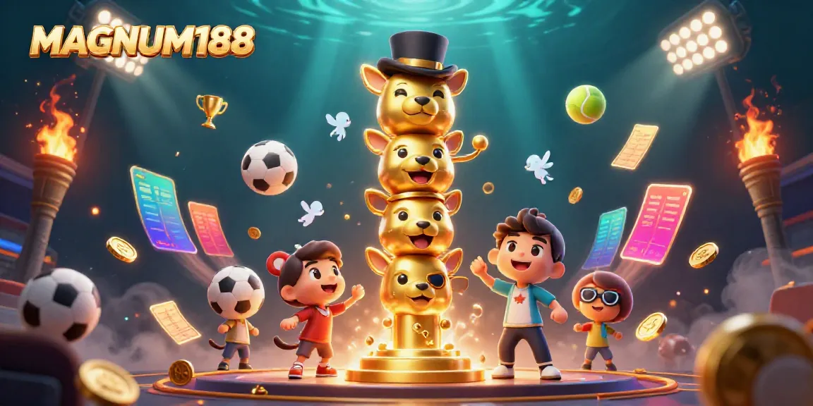 Experience the thrill of MAGNUM188 with a vibrant 3D casino scene featuring dynamic game elements.