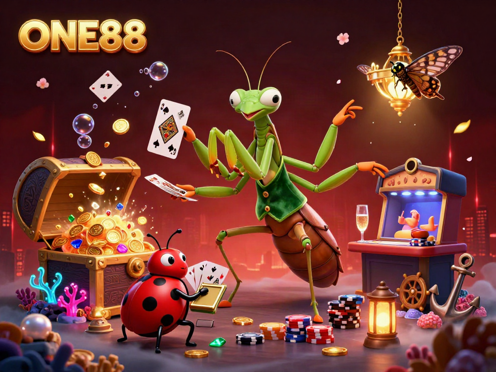 Experience lively casino action with ONE88 as a giant mantis dealer, vibrant game elements, and dynamic lighting.