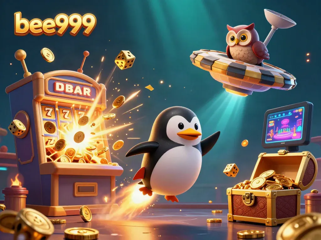 Experience thrilling gameplay with bee999, featuring a golden penguin and exciting slot elements in ultra-detailed 3D.