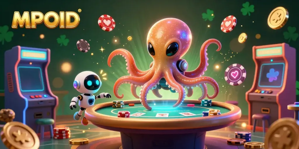 MPOID's interactive alien poker scene showcases an octopus dealing cards at a vibrant table.