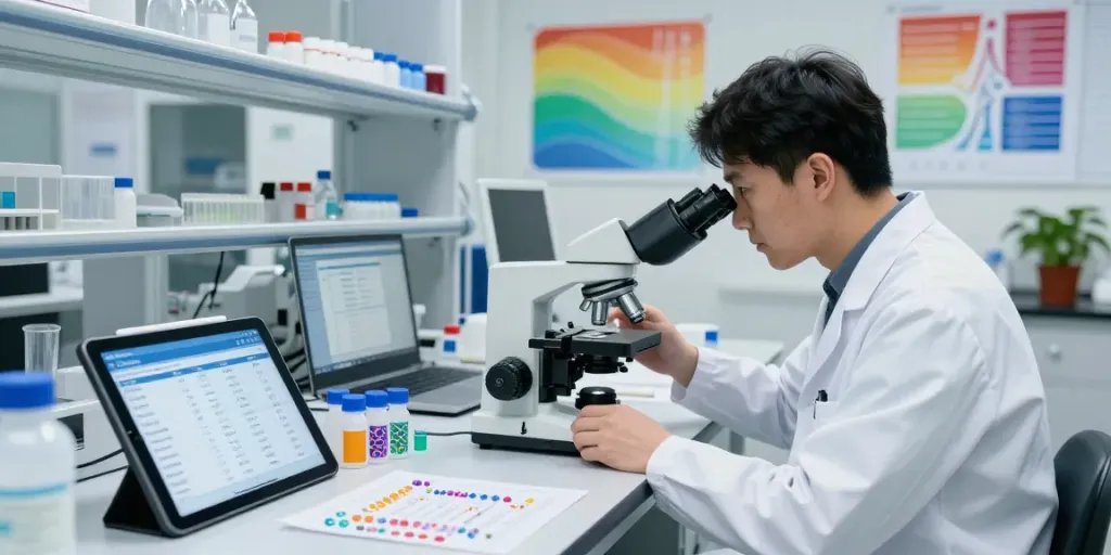 Research lab with peptide samples and price comparison tool illustrating peptide price analysis in a high-tech setting.