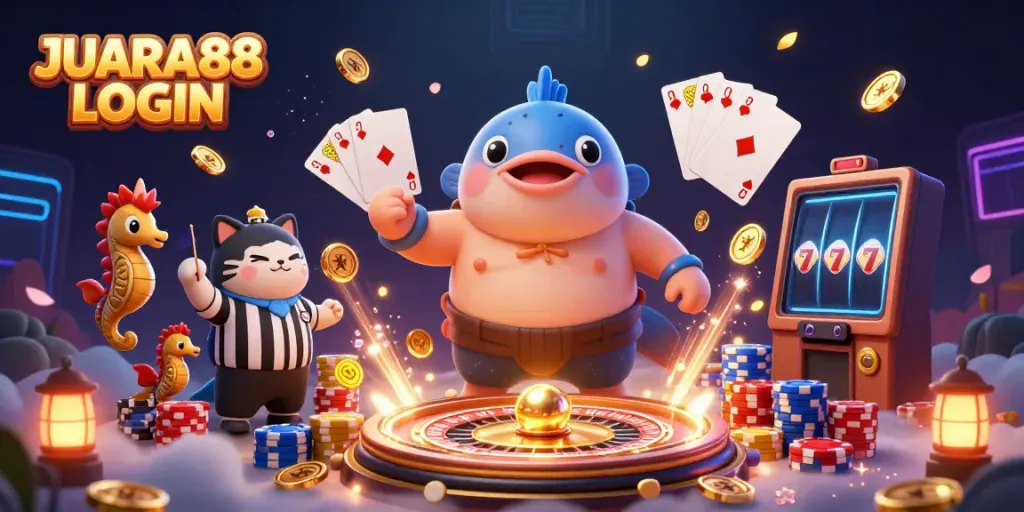 Engage with the vibrant scene of JUARA88 LOGIN featuring a sumo blowfish, catfish referee, and seahorses in a dynamic underwater casino.