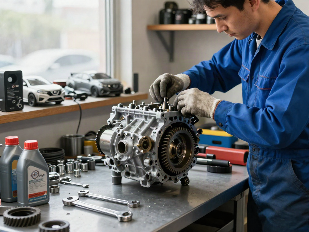 Mechanic inspecting a CD009 transmission in an automotive workshop