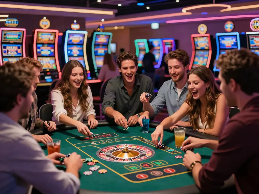 Exciting casino scene with friends engaging in high-stakes roulette, reflecting ahha4d gaming atmosphere.