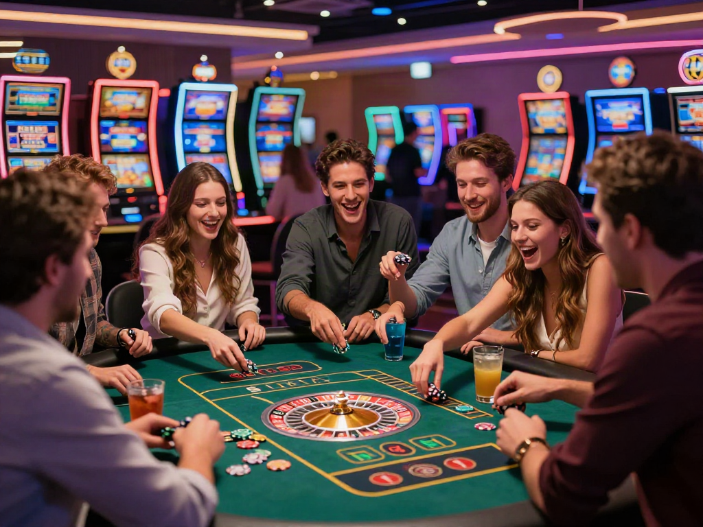 Exciting casino scene with friends engaging in high-stakes roulette, reflecting ahha4d gaming atmosphere.