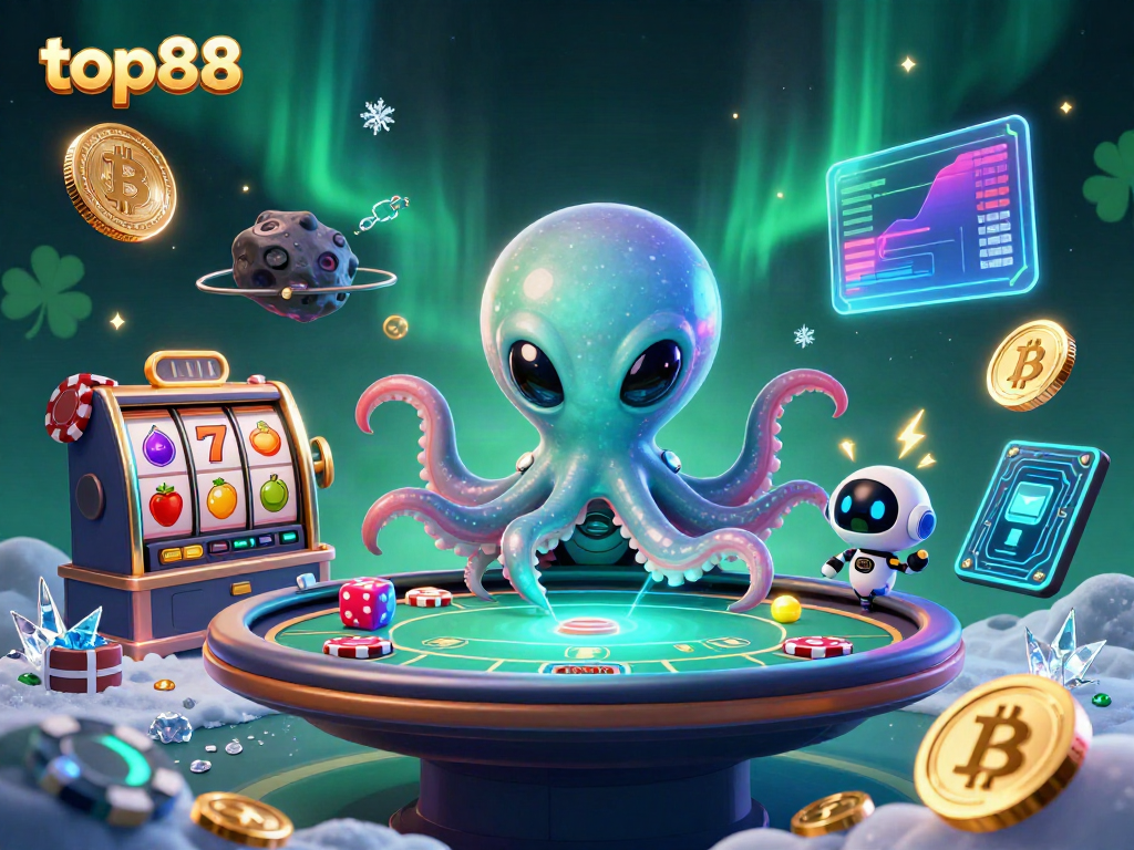 Engaging top88 casino scene featuring an alien octopus at a poker table with vibrant game elements.