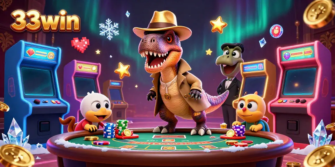 33win cartoon velociraptor at blackjack table with stenosaurus and compy thief in vibrant casino scene