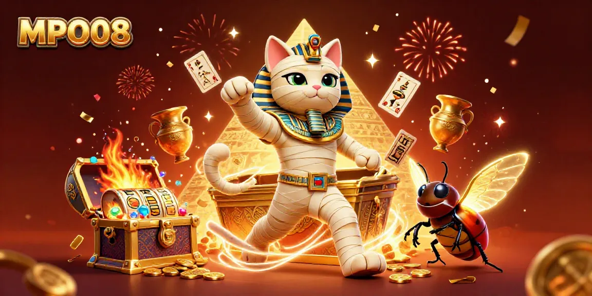 Experience the excitement of MPO08 in this dynamic 3D illustration showcasing an Egyptian mummy cat and animated casino elements.